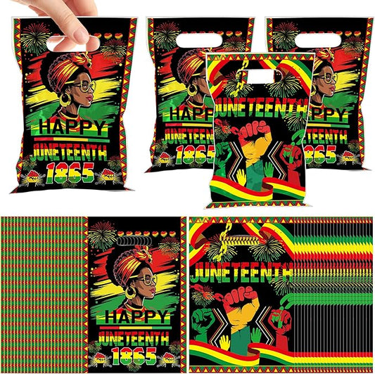 MOIZYNG 50Pcs Juneteenth Bags with Handles, Happy Juneteenth Plastic Candy Treat Goodie Gift Bags for African American June 19th Black Freedom Day Party Favors Supplies