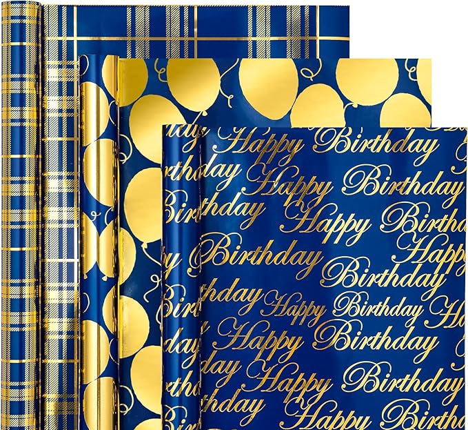 WRAPAHOLIC Birthday Wrapping Paper Roll - Mini Roll - 3 Rolls - 17 inch X 120 inch Per roll - Blue and Gold Foil Design for Party, Holiday, Baby Shower