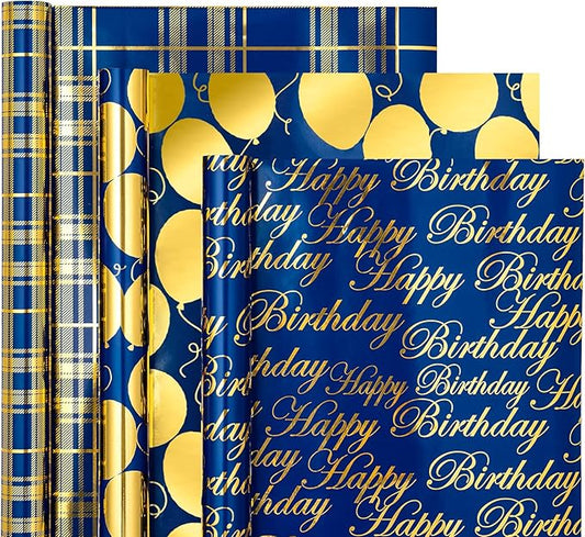 WRAPAHOLIC Birthday Wrapping Paper Roll - Mini Roll - 3 Rolls - 17 inch X 120 inch Per roll - Blue and Gold Foil Design for Party, Holiday, Baby Shower