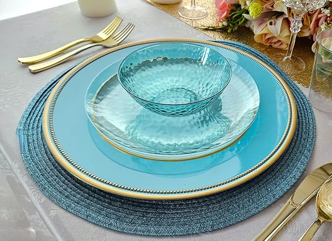 " OCCASIONS " 100 Plates Pack (50 Guests) Wedding Party Disposable Plastic Plate Set -50 x 10'' Dinner + 50 x 7'' Salad/dessert plates (Coastal Clear Blue)