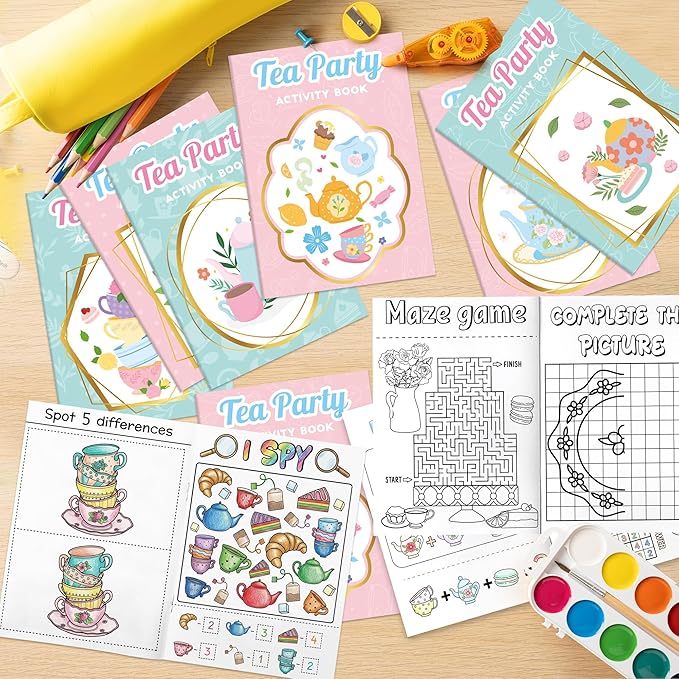 Tea Party Activity Books for Kids - 24Pcs Tea Time Themed Mini Game Coloring Booklet Bulk Maze Word Scramble Word Search Coloring Books for Birthday DIY Party Favor Goodies Bag Filler Classroom Reward