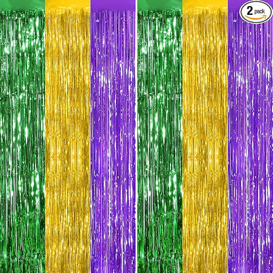 2Pack Green Gold Purple Party Backdrop Decorations,3.3x8.3ft Tinsel Curtain Birthday Decorations Foil Fringe Photo Booth Streamer Backdrop Green Theme Xmas Bachelorette Graduation Party Decorations