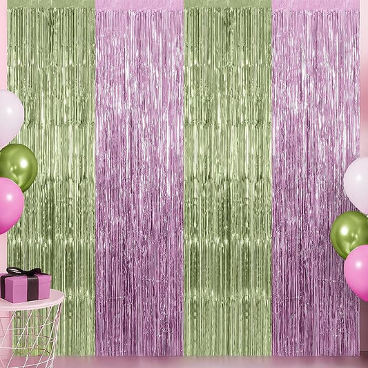 KatchOn, Sage Green & Pink Fringe Backdrop Curtain - Pack of 2 | Fringe Curtains for Boho Birthday Engagement Anniversary Baby Shower Bachelorette Decorations Sage Green and Pink Party Decorations