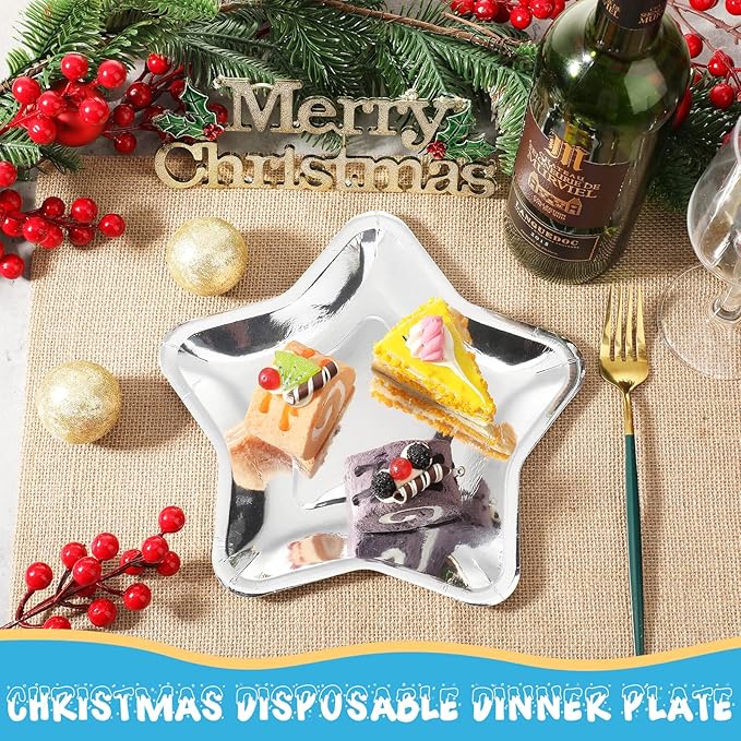 Vesici 60 Pieces Thick Star Shaped Paper Plates Disposable Party Plate Pentagram Dinnerware Decorations for Graduation Independence Day Wedding Birthday Baby Shower, 9.45 Inch(Silver)