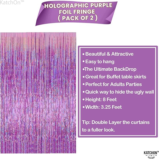 KatchOn, Iridescent Purple Fringe Curtain - 8x3.25 Feet, Pack of 2 | Purple Streamers for Mermaid Birthday Decorations | Purple Party Decorations | Valentine Decorations, Purple Birthday Decorations