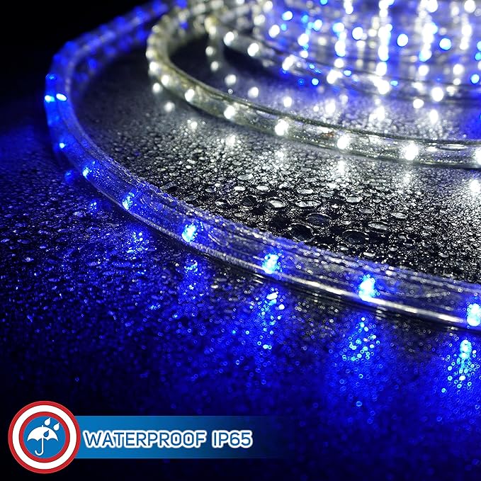 Russell Decor 30ft White Blue LED Rope Lights with 4-Level Dimmable Controller Outdoor Decorative Lighting for Christmas Winter Snow Wedding Party Theme