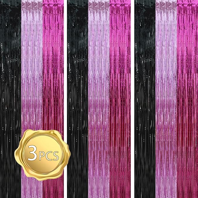 BEISHIDA 3Pcs Pink Black Hot Pink Door Streamer Colorful Backdrop Foil Fringe Tinsel Curtains Cartoon Mouse Backdrops for Birthday Baby Shower Children's Day Party Decoration (3.28 ft x 6.56 ft)