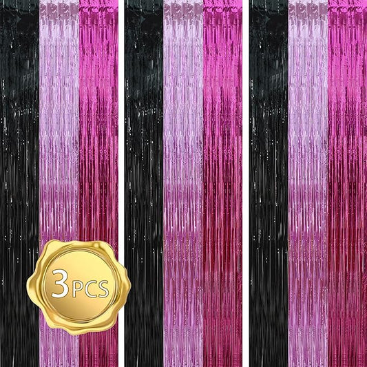 BEISHIDA 3Pcs Pink Black Hot Pink Door Streamer Colorful Backdrop Foil Fringe Tinsel Curtains Cartoon Mouse Backdrops for Birthday Baby Shower Children's Day Party Decoration (3.28 ft x 6.56 ft)