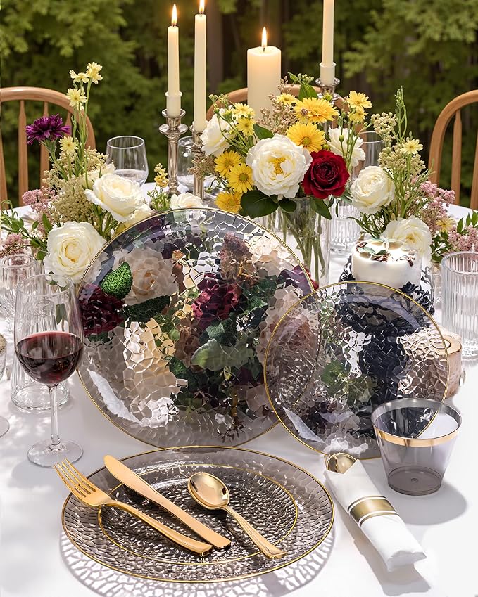 Hioasis 175pcs Black Gold Plastic Plates - Black Plastic Dinnerware Set Includes 25 Dinner Plate, 25 Dessert Plate, 25 Cups, 25 Napkins Perfect for Wedding & Party