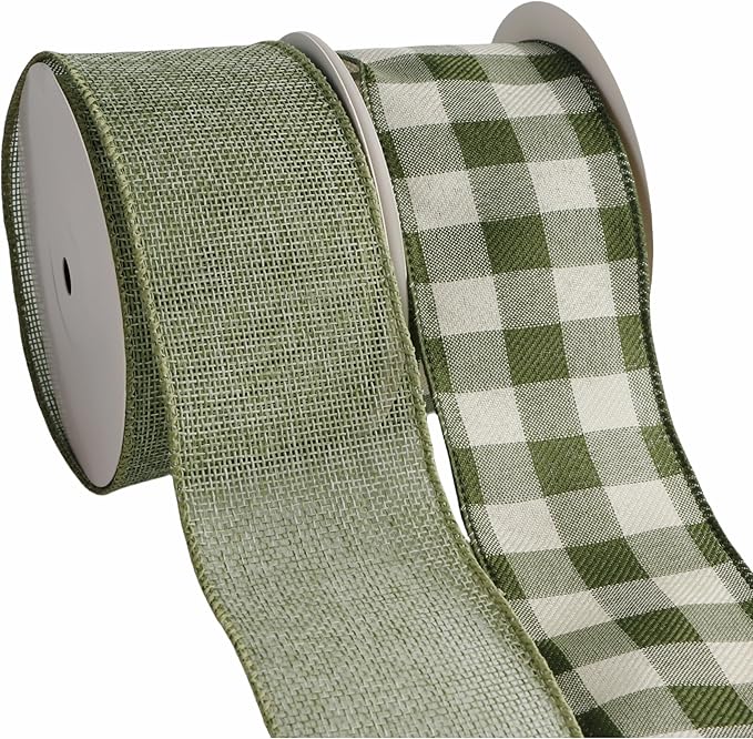 Meseey 2.5 Inch Green Burlap Wired Ribbon Set, 2 Rolls Total 10 Yards Solid Sage Green & Green White Buffalo Check Wired Edge Ribbons for Gift Wrapping, Wreaths, Crafts, Farmhouse Home Decorations