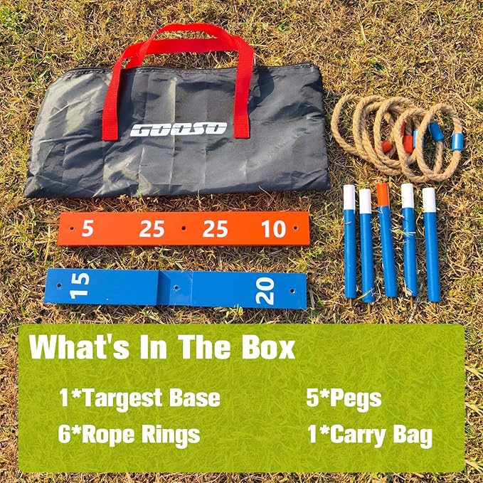 GOOSO Ring Toss Game for Kids - Indoor & Outdoor Game for Family and Adults with 5 Poles, 2 Bases and 6 Rings in 2 Colors, Backyard Party Activities for Adults Lawn Games for Kids