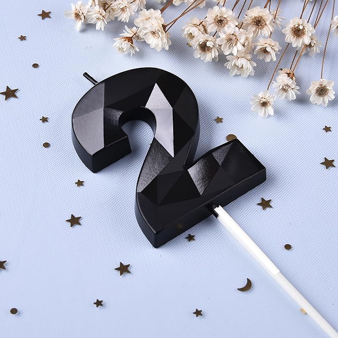 PHD CAKE 2.76 Inch Crystal Black 2 Number Birthday Candles, Black Number Candles, Cake Number Candles, Party Celebration