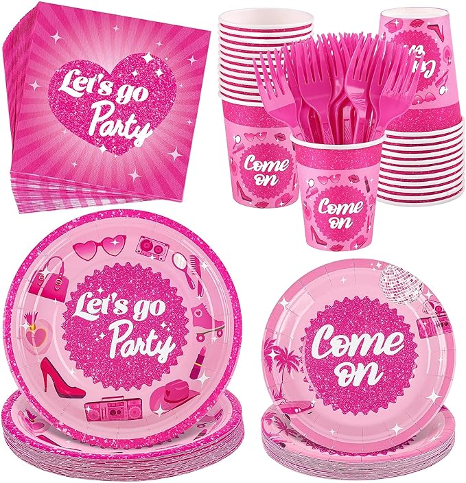 Kochorie 144 Pieces Let's Go Party Tableware Sets Including Disposable Plates Napkins Cups Forks Serves 24 for Birthday Disco Pink Girl Party Supplies