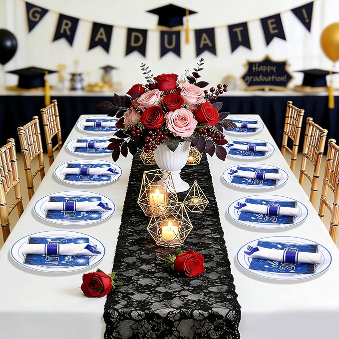 30 Pack Pre Rolled Blue Plastic Silverware Set,Wrapped Plastic Cutlery Set with Napkin Include 30 Forks,30 Spoons,30 Knives,30 White Napkins and 30 Blue Napkins for Graduation Congrats Grad Party
