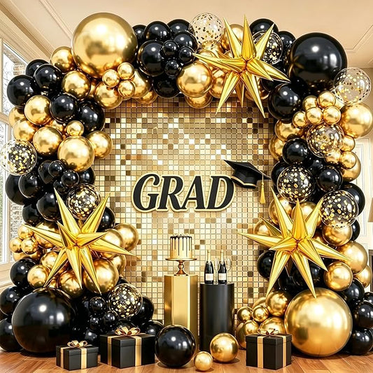 Graduation Balloon Arch Kit 2026, 149pcs black and gold Balloons with Star, Black and Gold Party Decorations for Class of 2026 Decorations New Years Anniversary Retirement Birthday Party Decorations