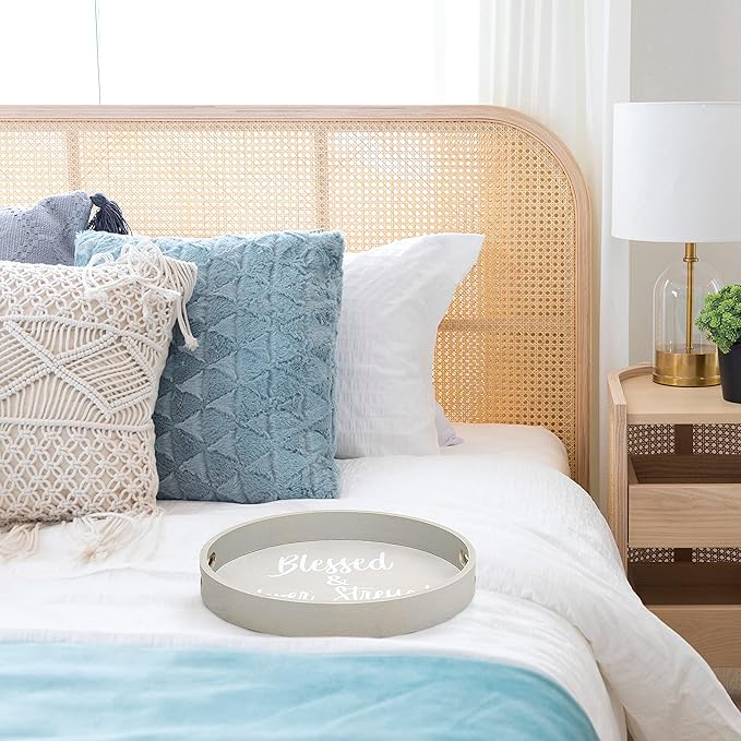 Elegant Designs HG2013-GYS Decorative 13.75'' Round Wood Serving Tray w/Handles, Blessed & Never Stressed, Gray