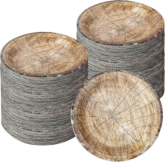 Umigy 120 Pack Wood Grain Paper Plates 7 Inch Camping Party Supplies Paper Plates Rustic Wood Slice Dessert Round Disposable Plate Dish Cut Timber Farmhouse for Woodland Birthday Wedding(Elegant)
