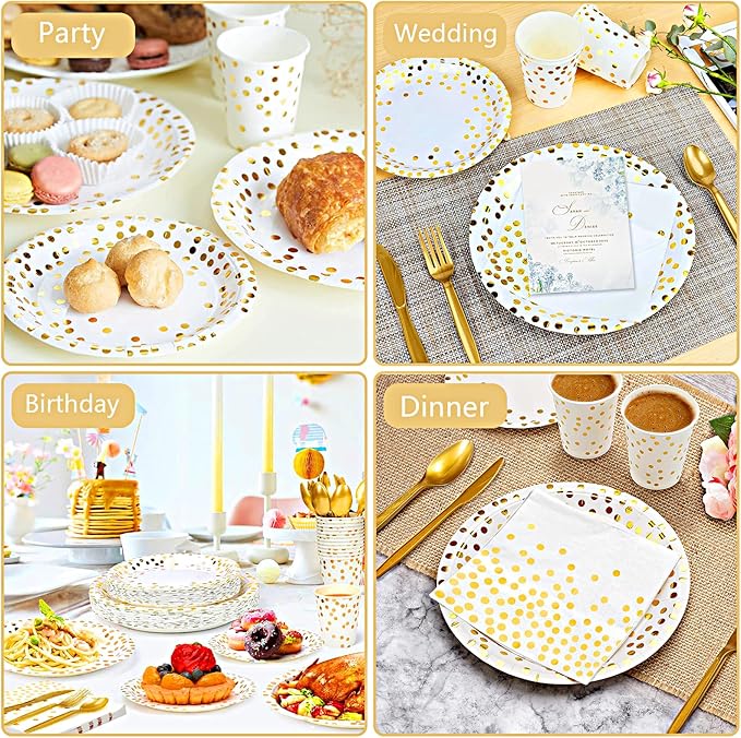 350PCS Gold Party Supplies for 50 Guests, Disposable Party Decorations Dinnerware Paper Plates Cups Napkins Gold Plastic Forks Knives Spoons for Wedding Birthday Graduation