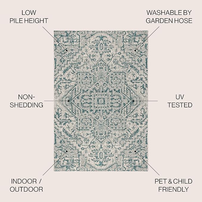 JONATHAN Y Boho Medallion Indoor Outdoor Area Rug 8X10 Teal/Gray, Estrella Textured Weave for Backyard, Patio, Porch, Easy-Cleaning, High Traffic, Pet-Friendly, Non-Shedding (SMB105C-8)