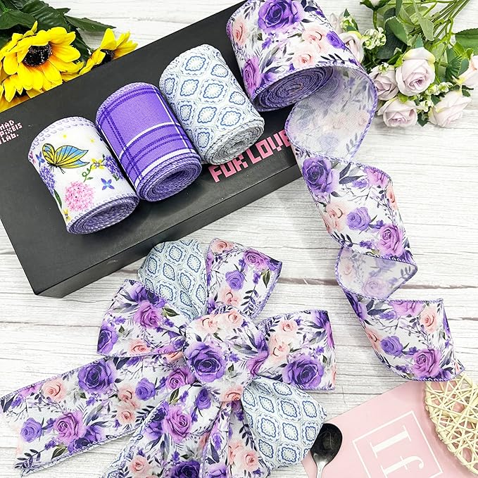 Spring Floral Wired Edge Ribbon, 2.5 Inch Wide Purple Rose Butterfly Burlap Ribbon, 4 Rolls for Mother's Day Summer Wreath Bow Making DIY Crafts Birthday Wedding Wrapping Party Decor Supplies (Purple)
