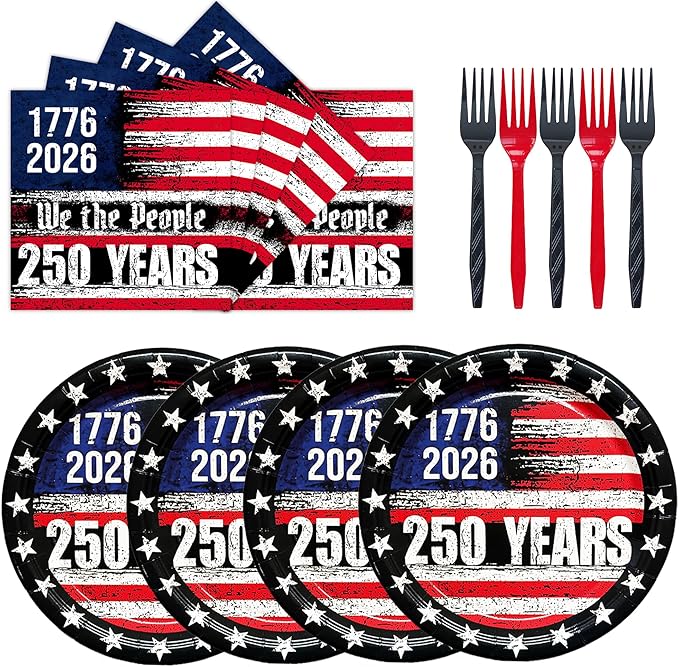 72PCS 250th Anniversary USA Party Supplies - Retro American Flag Paper Plates and Napkins Disposable Patriotic Tableware Set for 4th of July Memorial Day Party Decoration