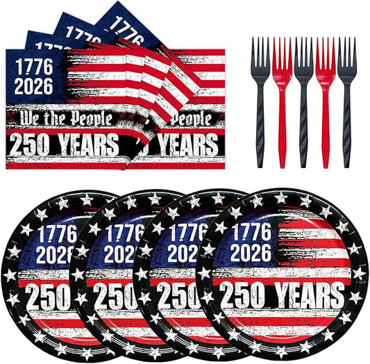 72PCS 250th Anniversary USA Party Supplies - Retro American Flag Paper Plates and Napkins Disposable Patriotic Tableware Set for 4th of July Memorial Day Party Decoration