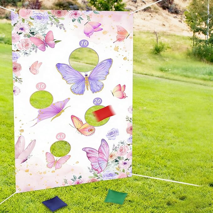 Serencatcher Butterfly Toss Game Banner with 3 Bean Bags Butterfly Bean Bag Toss Games Backdrop for Butterfly Party Games Butterfly Themed Birthday Baby Shower Party Decorations Favors