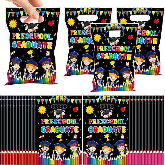 MOIZYNG 50Pcs Preschool Graduation Gift Bags with Handles, Black Preschool Graduate Plastic Snack Treat Goodie Bags for Boys Girls Class of 2026 Ceremony School Prom Party Supplies