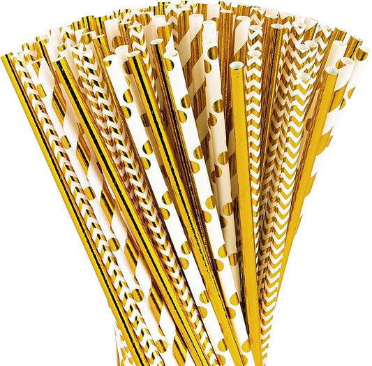 Paper Straws 200 Pack Biodegradable Gold 8.25" Straw for Everyday/Birthday Party/Bridal Shower/Wedding/Anniversary and Parties, 4 Beautiful Patterns, Long Lasting - by DuraHome (Gold)