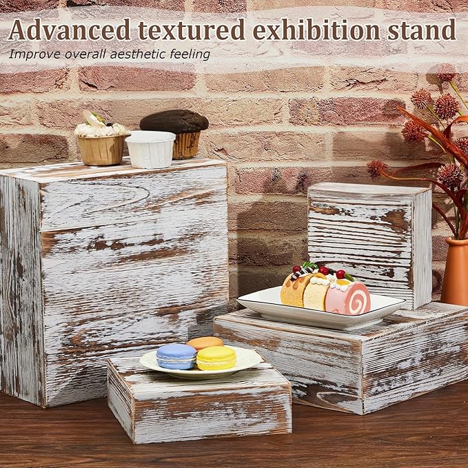 Juexica Set of 4 Large Wood Display Risers Rustic Cupcake Stand Size 11.8",10",7.8",6.3", Wooden Stackable Display Box Wood Cake Stand for Dessert Wedding Birthday Christmas Party(Classic)