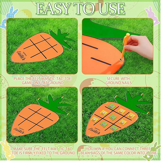 Hollowfly Easter Games Carrot Party Favors Tic Tac Toe Game Bean Bag Toss for Indoor Outdoor Yard Lawn Adults Family Night Easter Activities, 1 Carrot Felt Mat and 10 Bunny Egg Bags