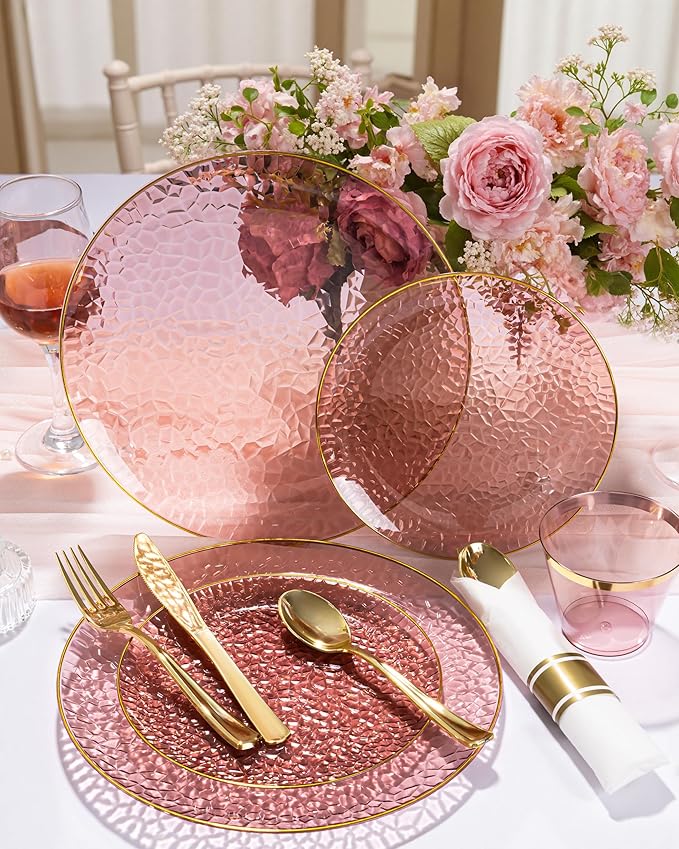 Hioasis 175PCS Clear Burgundy Plastic Plates - Hammered Disposable Dinnerware Set for Party Includes 25 Dinner Tableware, 25 Dessert Tableware,25 Cups,25 Rolled Napkin Cutlery for Mothers Day