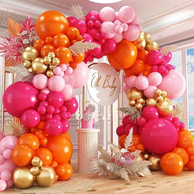 Pink and Orange Balloon Arch Kit,412Pcs Hot Pink Orange Metallic Gold Latex Balloon Garland kit 18 12 10 5 Inch Different Size Balloons for Birthday Wedding Tropical Summer Party Decorations