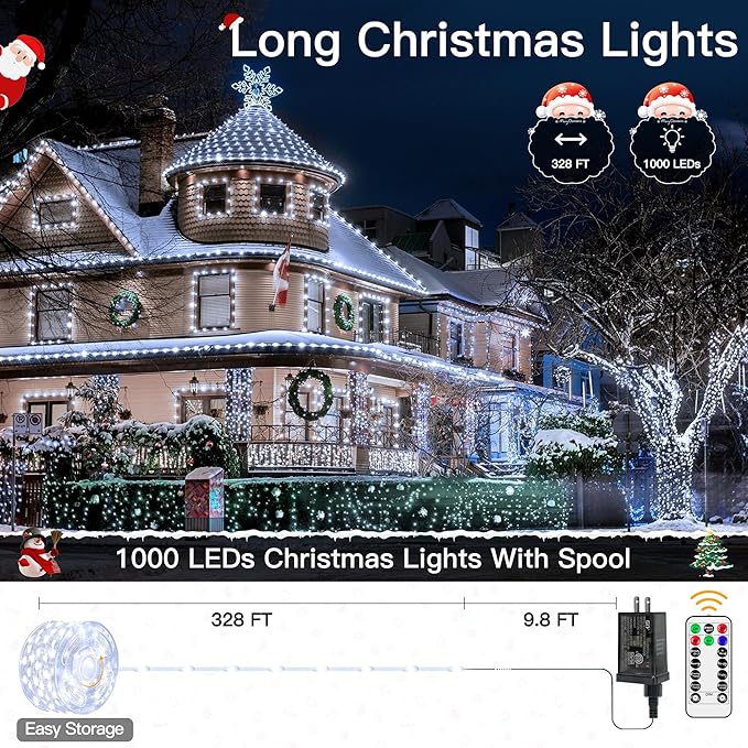 Christmas Lights Outdoor, 1000LED 328FT Christmas Tree Lights IP67 Waterproof, Plug in Fairy Lights with Remote 8 Modes Timer, Xmas Light for Outside Indoor House Holiday Decor(Cool White)