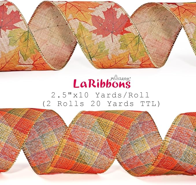 LaRibbons Fall Burlap Plaid Ribbon Wired 2 1/2" x 10 Yards 2 Rolls, Maple Leave Plaid Ribbon for Autumn Wreath Thanksgiving Farm Gift Wrapping Home Decor