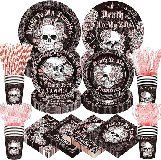 450 Pcs Death to My 20s Tableware Set Rose Gold Black 30th Birthday Party Decorations Rip to My 20s Paper Plates Napkins Cups Cutlery Straws for Women Funeral My Youth Birthday, Serves 50