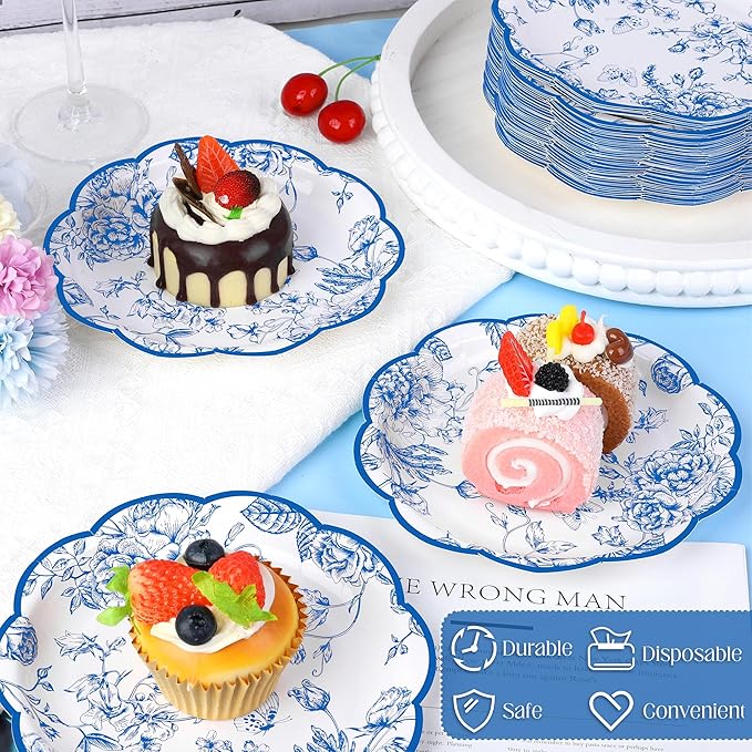 Kochorie 100 Pieces Blue Flower Paper Plates 7 Inches Disposable Floral Paper Plates Scalloped Blue Chinoiserie Vintage Flower Dessert Plate for Wedding Birthday Holiday Party Decor Supplies