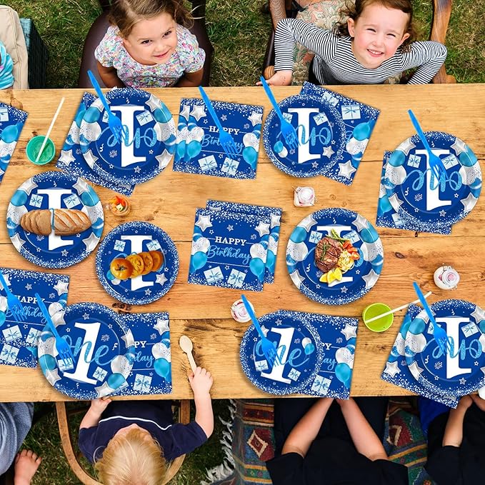 Wiooffen Boy 1st Birthday Party Tableware Set, Blue, 96 Pcs, 24 Guests, Paper Plates, Napkins, Forks