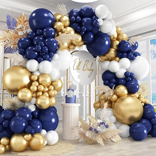 412Pcs Navy Blue and Gold Balloons Arch Garland Kit,5 10 12 18 inch gold and blue balloons for Birthday, Wedding, Graduation, Anniversary Decorations