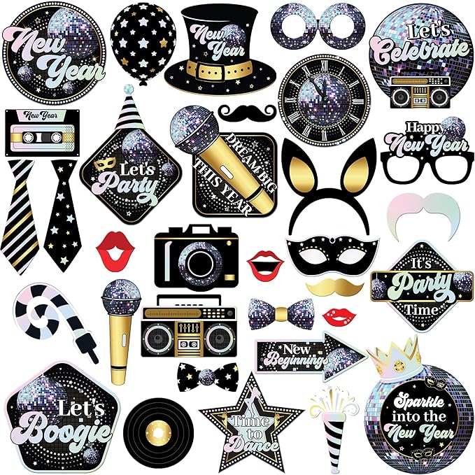 KatchOn, Holographic New Years Photo Booth Props 2026 - Pack of 30 | Photo Props for New Years Eve Party Supplies 2026 | New Years Eve Photo Booth Props | Happy New Years Decorations 2026