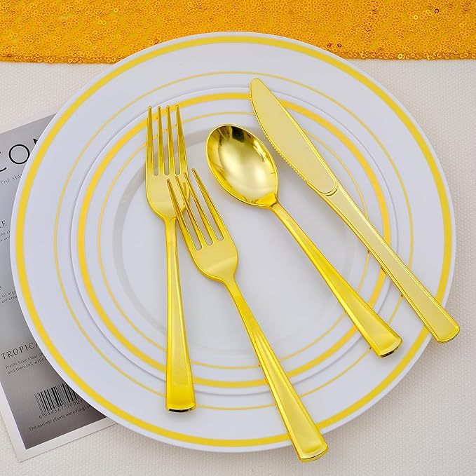 400PCS Gold Plastic Silverware, Gold Disposable Utensils, Heavy Duty Cutlery Set Includes 200 Forks,100 Knives,100 Spoons, Flatware for Party Wedding