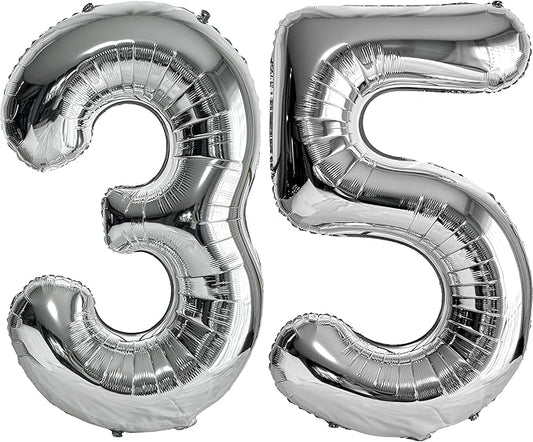 FIROMI 35 Number Balloons Silver Big Giant Jumbo Huge Foil Mylar 35 Balloon Numbers for 35th Birthday Party Anniversary Events Decorations 40-inches