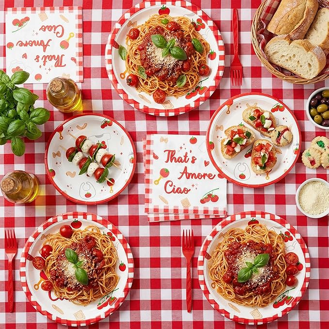 Haooryx Baby Pasta Noodle Party Tableware - 96 Pcs Red Tomato Italian Noodle Baby Print Decor Disposable Paper Plates Napkins Plastic Forks for Baby Shower Boys Girls Birthday Party Table Decor Supply