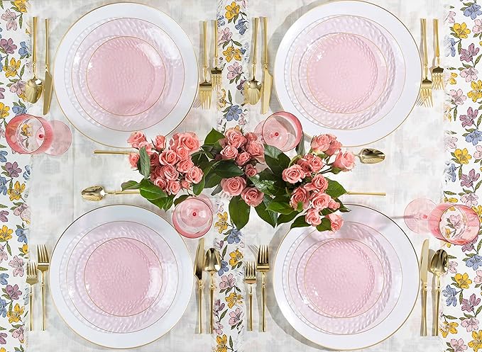 PLASTICPRO 128 Piece Combo Plates Set includes 64-7'' inch Plate & 64-10'' inch Plates Pink Hammered Plastic Party Plate Premium heavyweight Elegant, Disposable, Tableware, Dishes,