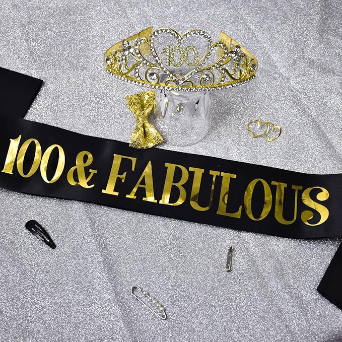 100th Birthday Tiara and Sash Kit - '100 & FABULOUS' Black Sashes and Gold Rhinestone Birthday Crown for Women