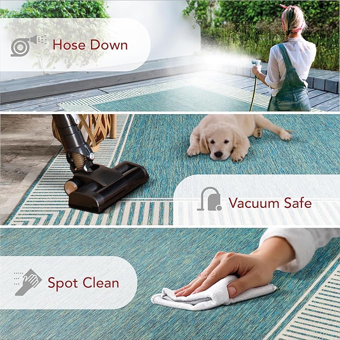 Nuloom Asha Teal/Ivory, 6'7" x 9', Casual, Striped Border, Soft and Cozy, High Traffic, Stain Resistant, Easy Clean, Durable Area Rug for Indoor/Outdoor Patio, Deck, Porch, Garden, Courtyard