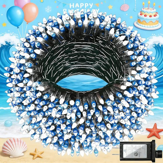 750 LED 240FT Blue White Birthday Party Decorations Ocean Party Decor String Lights with 12 Modes Timer Dimmable, Waterproof Green Wire Christmas Lights Outdoor, Plug in Fairy Lights for Wedding Xmas