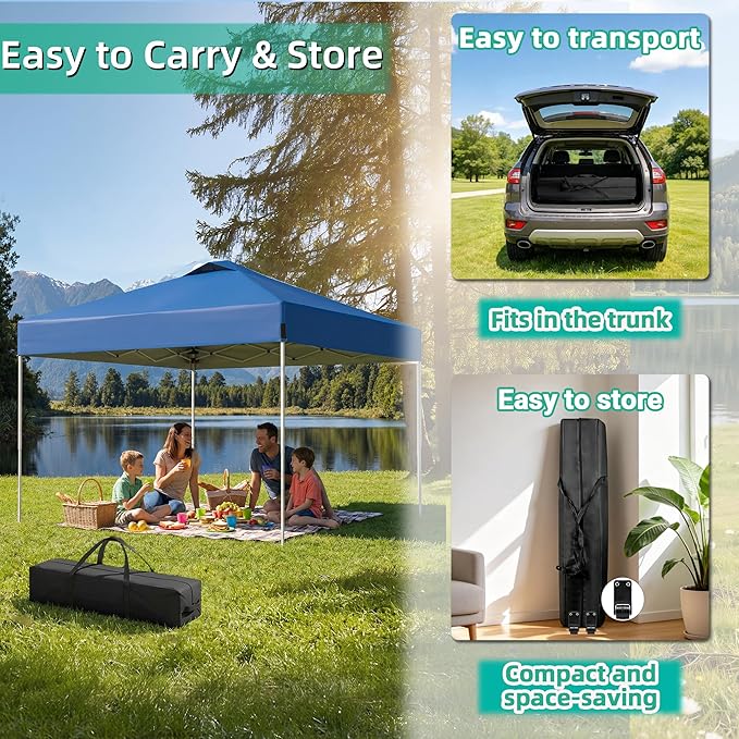 10 x 10FT Blue Pop Up Canopy Tent, Easy Setup Outdoor Portable Gazebos Shelter Sun Shade with Wheeled Carry Bag, Sandbags for Events, Party, BBQ, Backyard, Adjustable Height