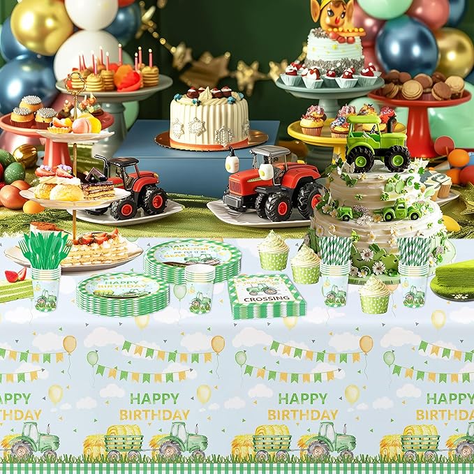 Tractor Birthday Plates And Napkins Party Supplies - Farm Theme Green Tractor Birthday Decorations Tableware, Paper Plate, Cup, Napkin, Disposable Fork | Serves 24