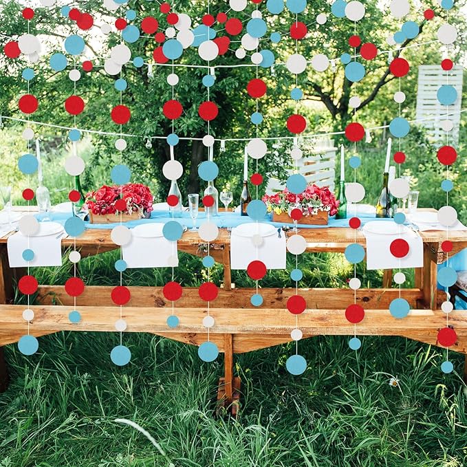 Outus 5 Pieces Colorful Circle Garland Banner Hanging Paper Dot Decorations for Classroom, Birthday Party, Baby Shower, Wedding Backdrop & Photo Booth Graduation Decor (Light Blue,White,Red)